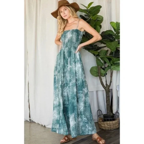 SOLD OUT Green Tie Dye Wide Palazzo Flare Leg Smocked Bohemian Casual Jumpsuit - Picture 6 of 13